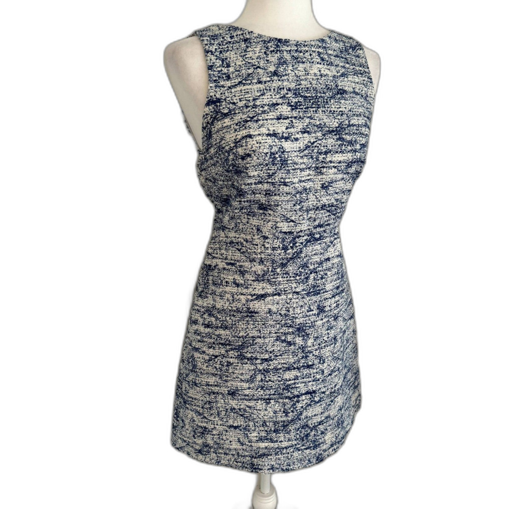 Alice & Olivia | Navy Blue Tweed A Line Dress Mesh Panel Lined Size 4 Flawed